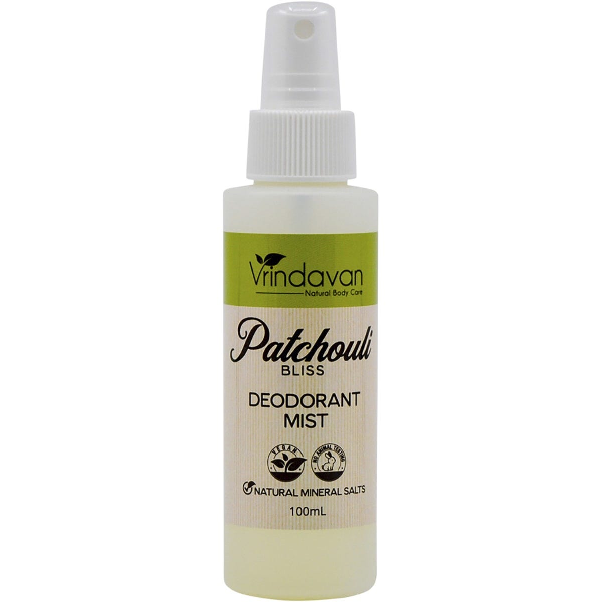 100ml bottle of Vrindavan Patchouli Bliss Deodorant Mist with a spray nozzle and natural ingredients label.