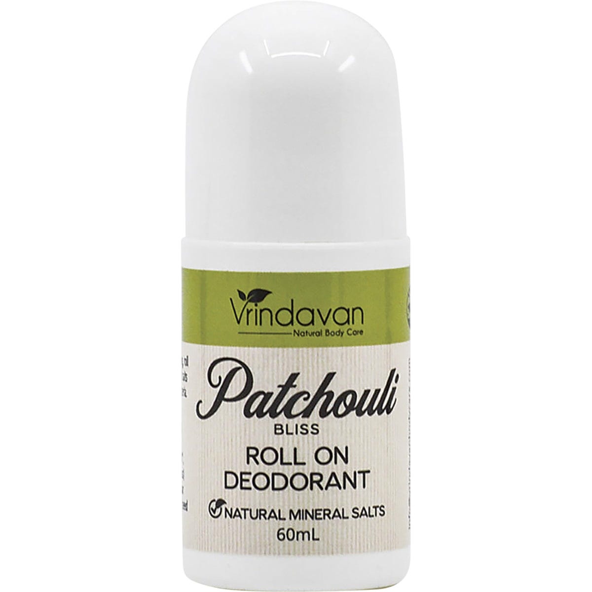 60ml Vrindavan Patchouli Bliss roll-on deodorant bottle with a white cap and purple-themed label.