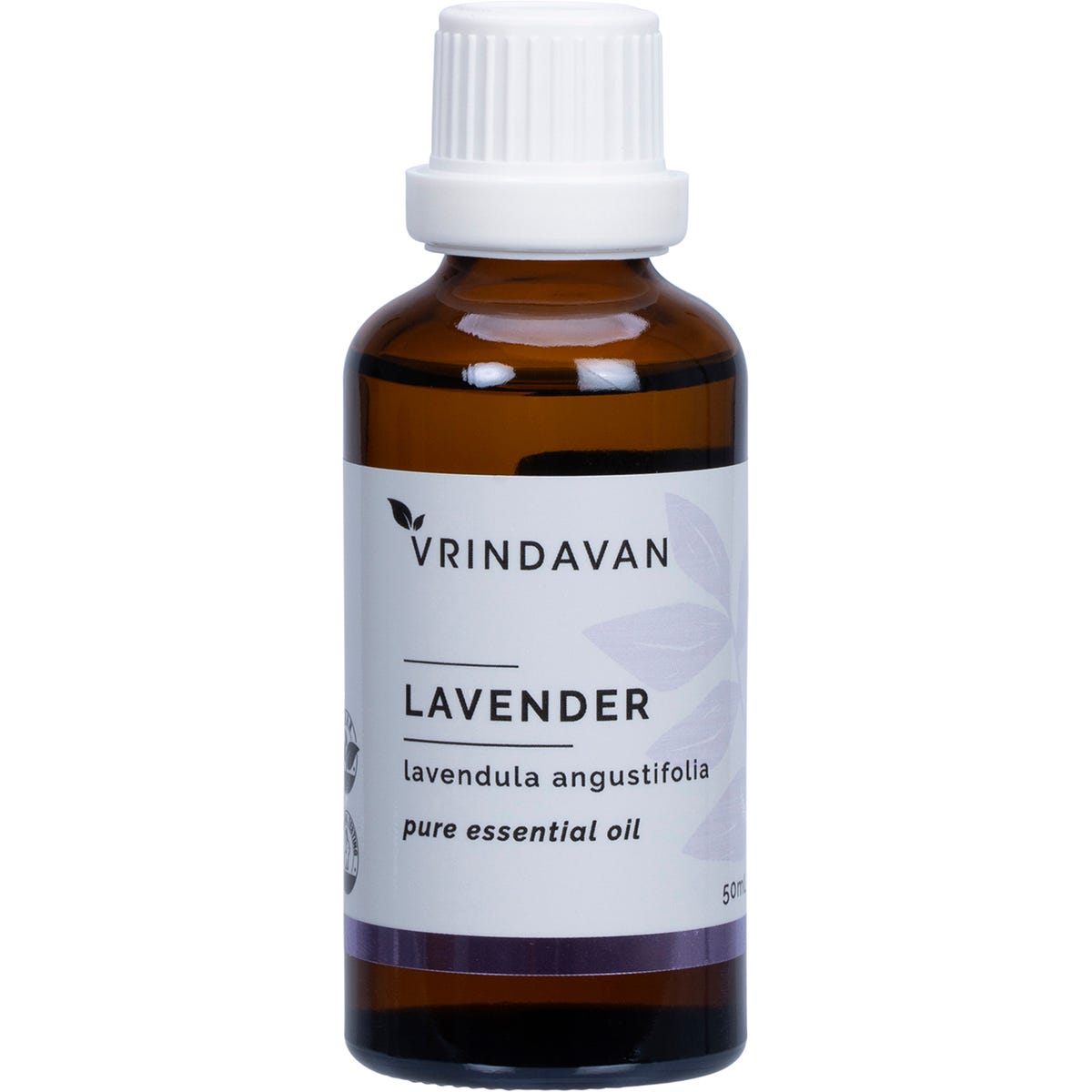 50ml amber glass bottle of Vrindavan 100% Lavender Essential Oil with a black dropper cap and purple label.