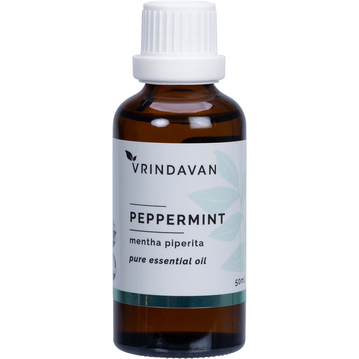 50ml bottle of Vrindavan 100% Peppermint Essential Oil featuring a green and white label on a white background.