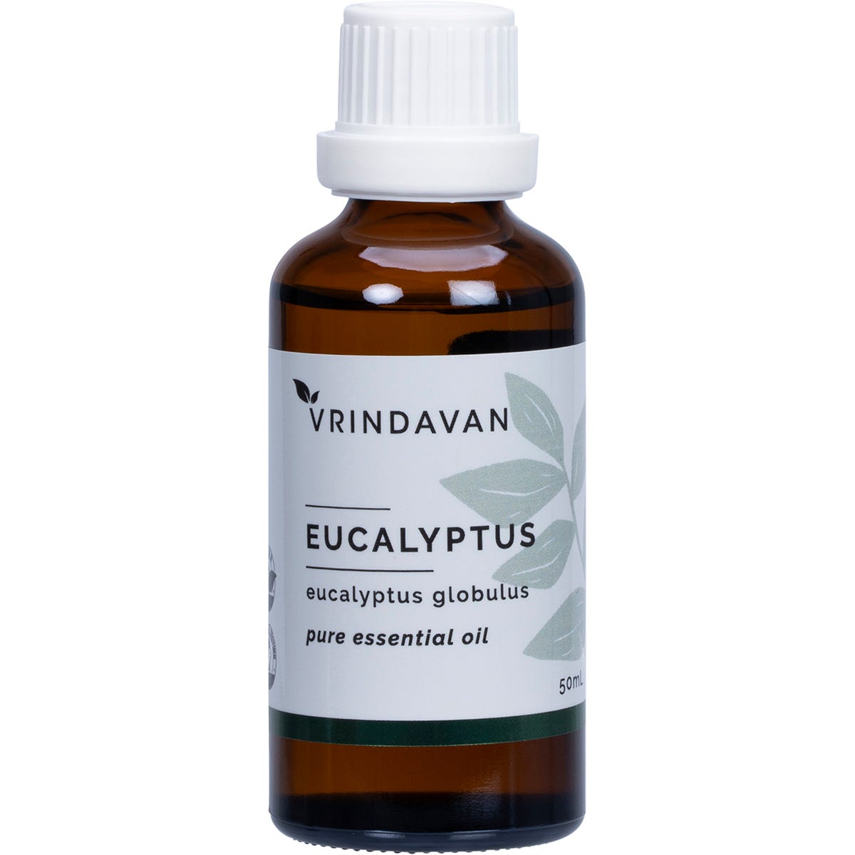 50ml amber glass bottle of Vrindavan 100% Eucalyptus Essential Oil with a white label and black dropper cap.