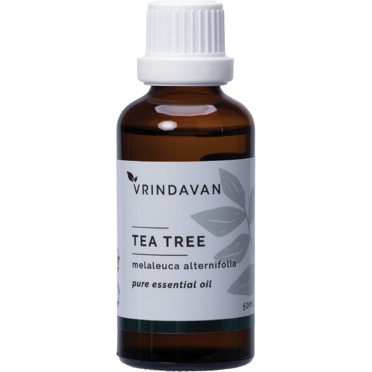 50ml glass bottle of Vrindavan 100% Pure Tea Tree Essential Oil with a black dropper cap and botanical leaf illustrations.