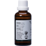 Side view of a 50ml Vrindavan Tea Tree Essential Oil bottle showing usage directions and safety cautions.