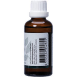 Right side of a 50ml Vrindavan Tea Tree Essential Oil bottle showing the barcode and pure 100% ingredients.