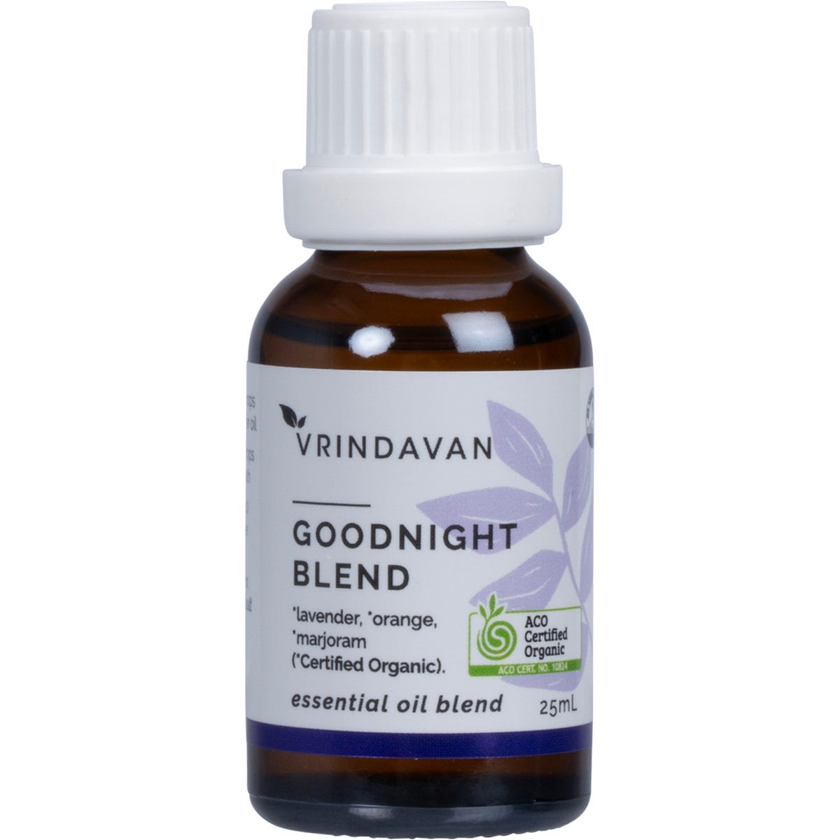 25ml bottle of Vrindavan 100% Goodnight Blend essential oil with a dark dropper cap and blue label.