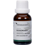 25ml bottle of Vrindavan 100% Rosemary Essential Oil with a black dropper cap and botanical label.