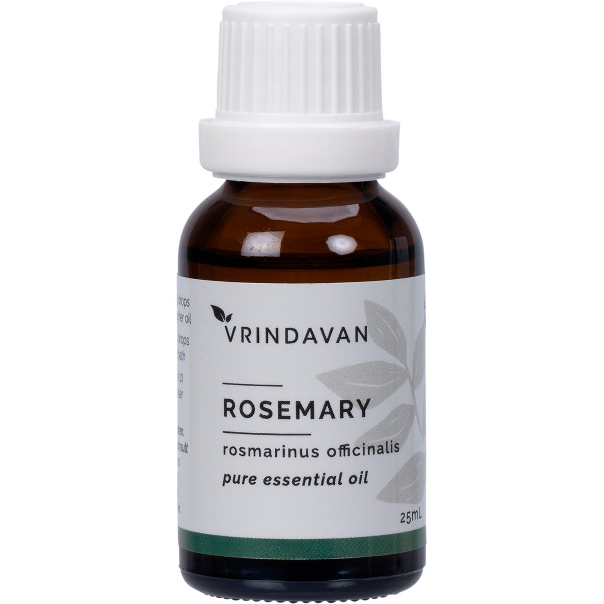 25ml bottle of Vrindavan 100% Rosemary Essential Oil with a black dropper cap and botanical label.