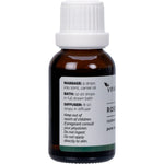 Left side of a 25ml Vrindavan Rosemary Essential Oil bottle showing directions for use and safety cautions.