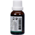 Right side of a 25ml Vrindavan Rosemary Essential Oil bottle with ingredients and Australian-made logo.