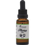 25ml bottle of Vrindavan Moringa Oil, virgin cold-pressed from organic seeds, featuring a gold and green label.
