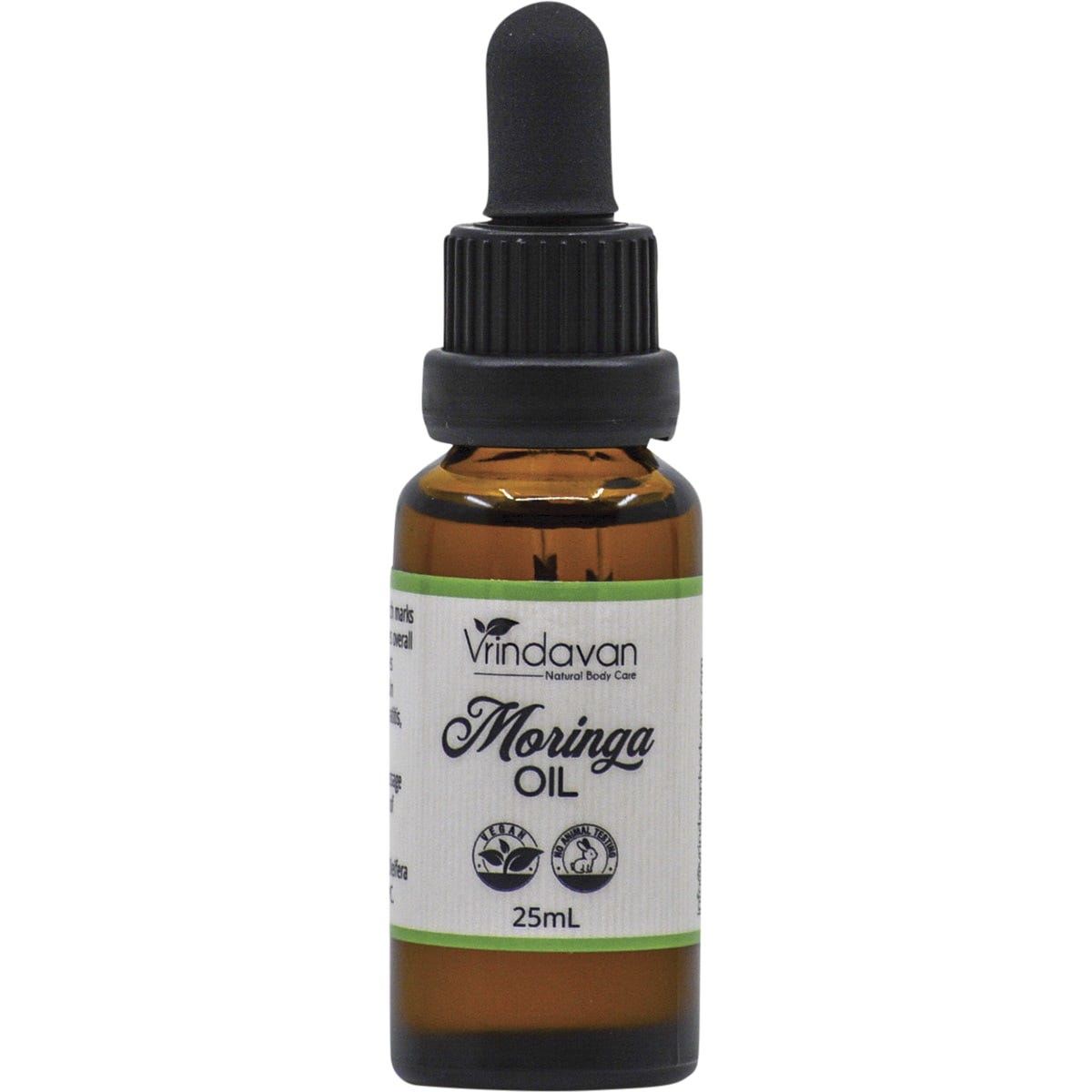 25ml bottle of Vrindavan Moringa Oil, virgin cold-pressed from organic seeds, featuring a gold and green label.
