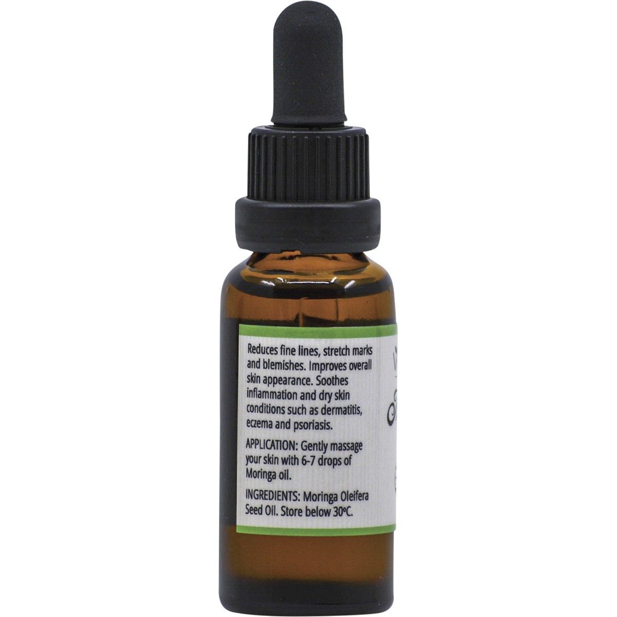 Side view of a 25ml bottle of Vrindavan Moringa Oil with a gold and green label on a white background.