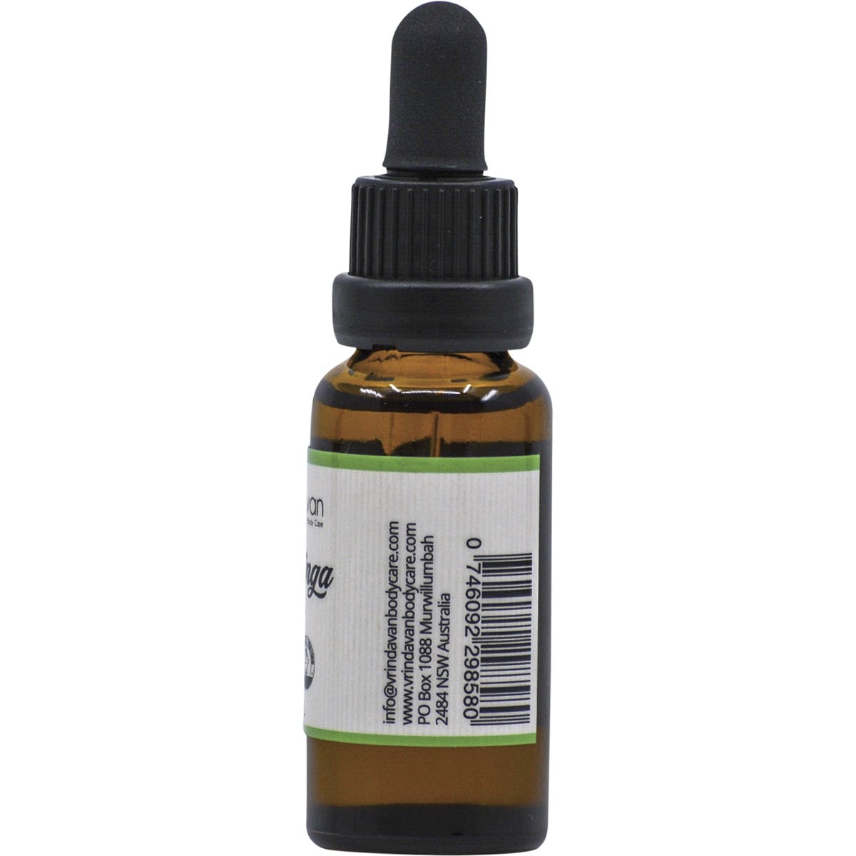 Right side of a 25ml Vrindavan Moringa Oil bottle with a gold and green label on a white background.