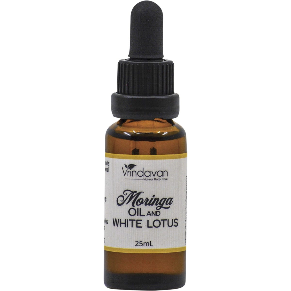 25ml glass bottle of Vrindavan Moringa Oil and White Lotus with a dropper lid and floral label.