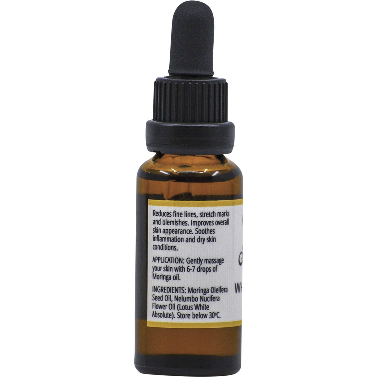 Side view of a 25ml Vrindavan Moringa Oil and White Lotus glass bottle showing directions and benefit information.