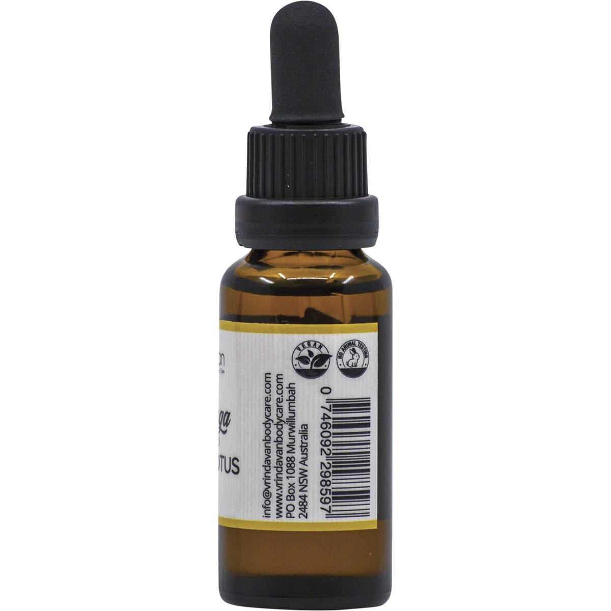 Right side of a 25ml Vrindavan Moringa Oil & White Lotus bottle showing the ingredients list and Australian Made logo.