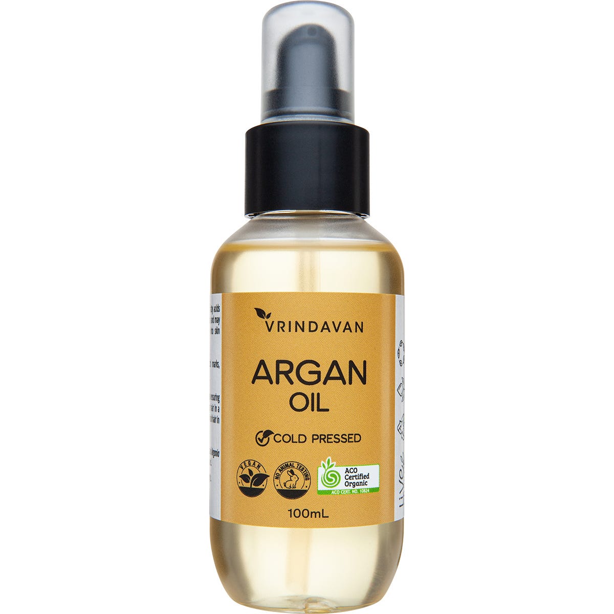 100ml bottle of Vrindavan Certified Organic Cold-Pressed Argan Oil for hair and skin.