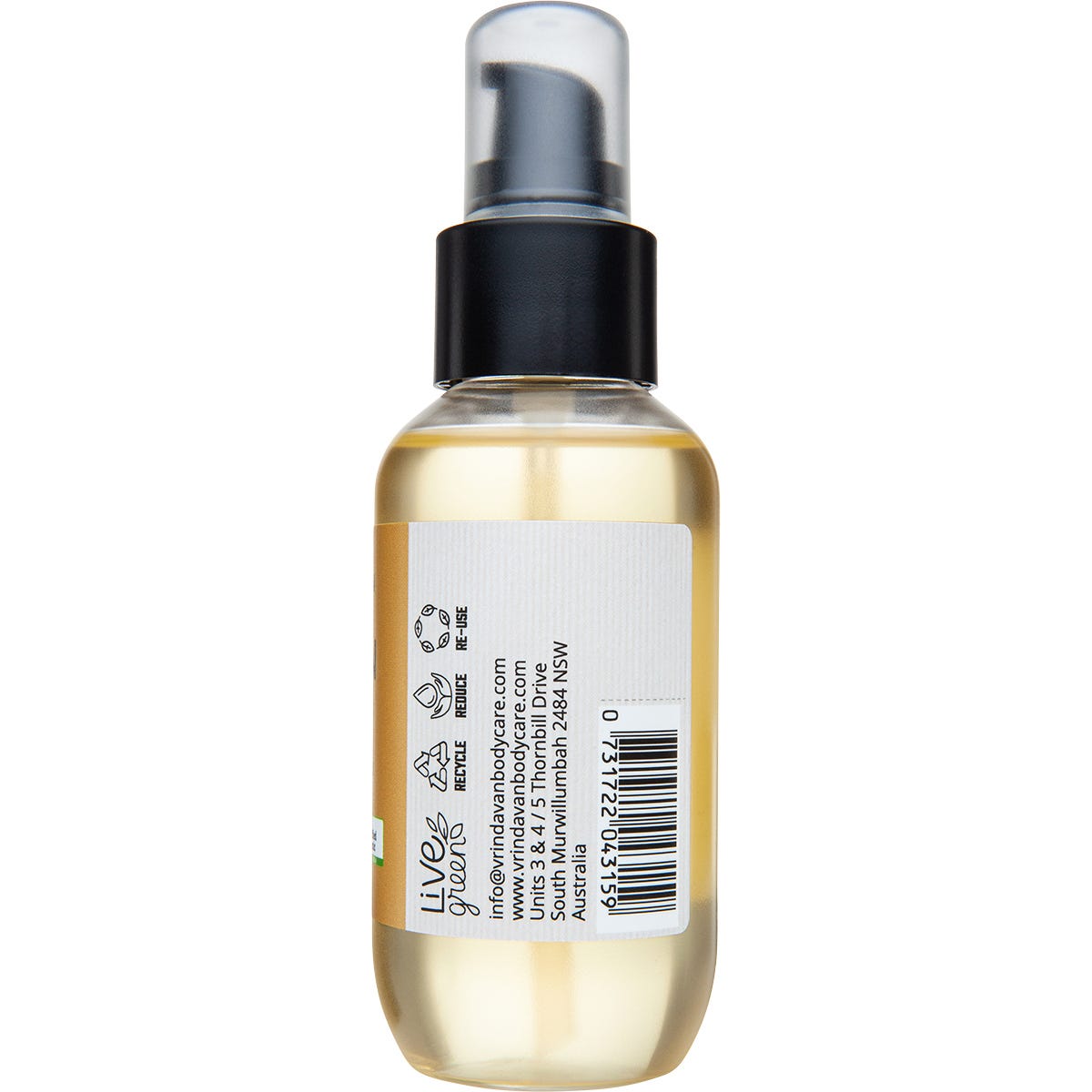 Side view of a 100ml bottle of Vrindavan Certified Organic Cold-Pressed Argan Oil on a white background.