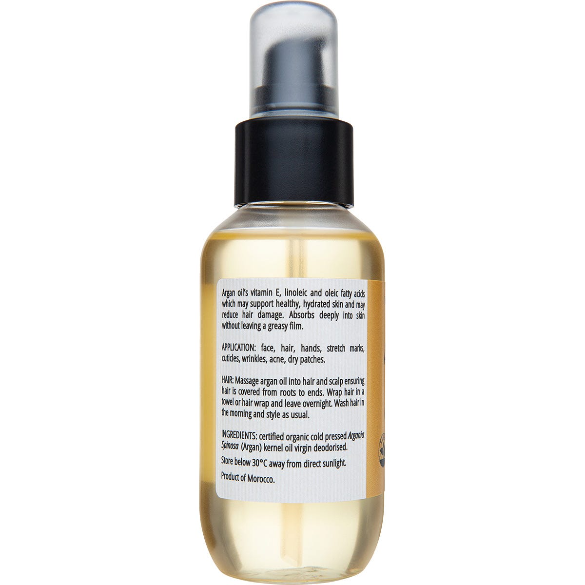 Right side of a Vrindavan 100ml Argan Oil bottle showing organic certification and product benefits.