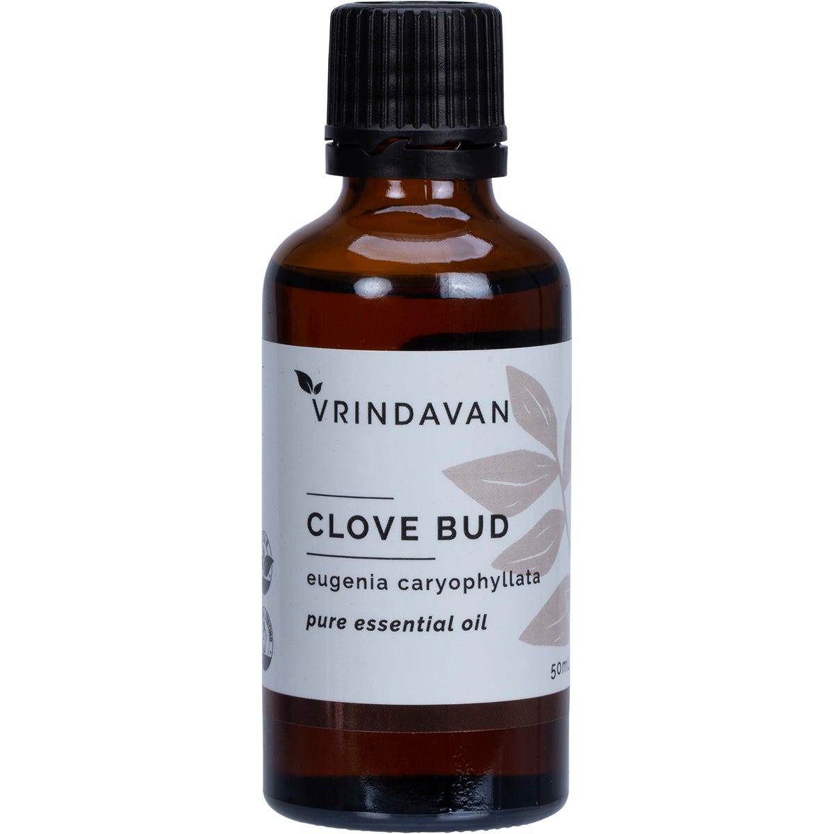 Vrindavan 50ml amber glass bottle of 100% pure Clove Bud essential oil with a black dropper cap.