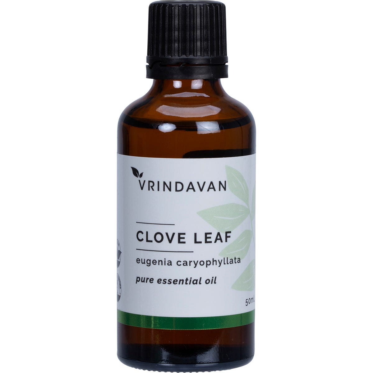 50ml bottle of Vrindavan 100% Clove Leaf Essential Oil on a white background.