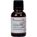 25ml bottle of Vrindavan 100% Clove Bud Essential Oil with a black dropper cap and a white and brown label.