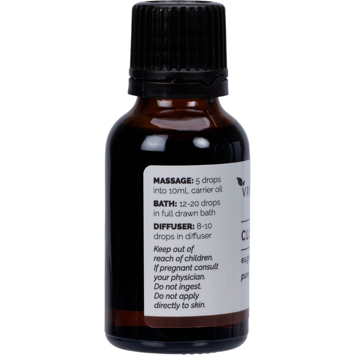 Side view of a 25ml Vrindavan Clove Bud Essential Oil bottle showing directions for use and safety cautions.