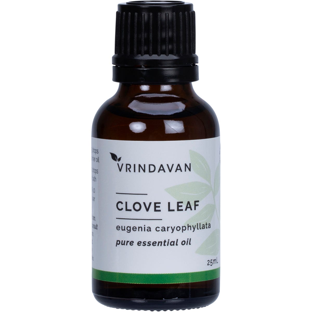 Vrindavan 25ml 100% Clove Leaf Essential Oil in a small amber glass bottle with a white dropper cap.
