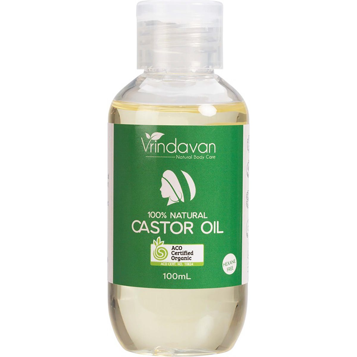 100ml amber glass bottle of Vrindavan 100% Natural Castor Oil with a black screw cap and a green botanical label.