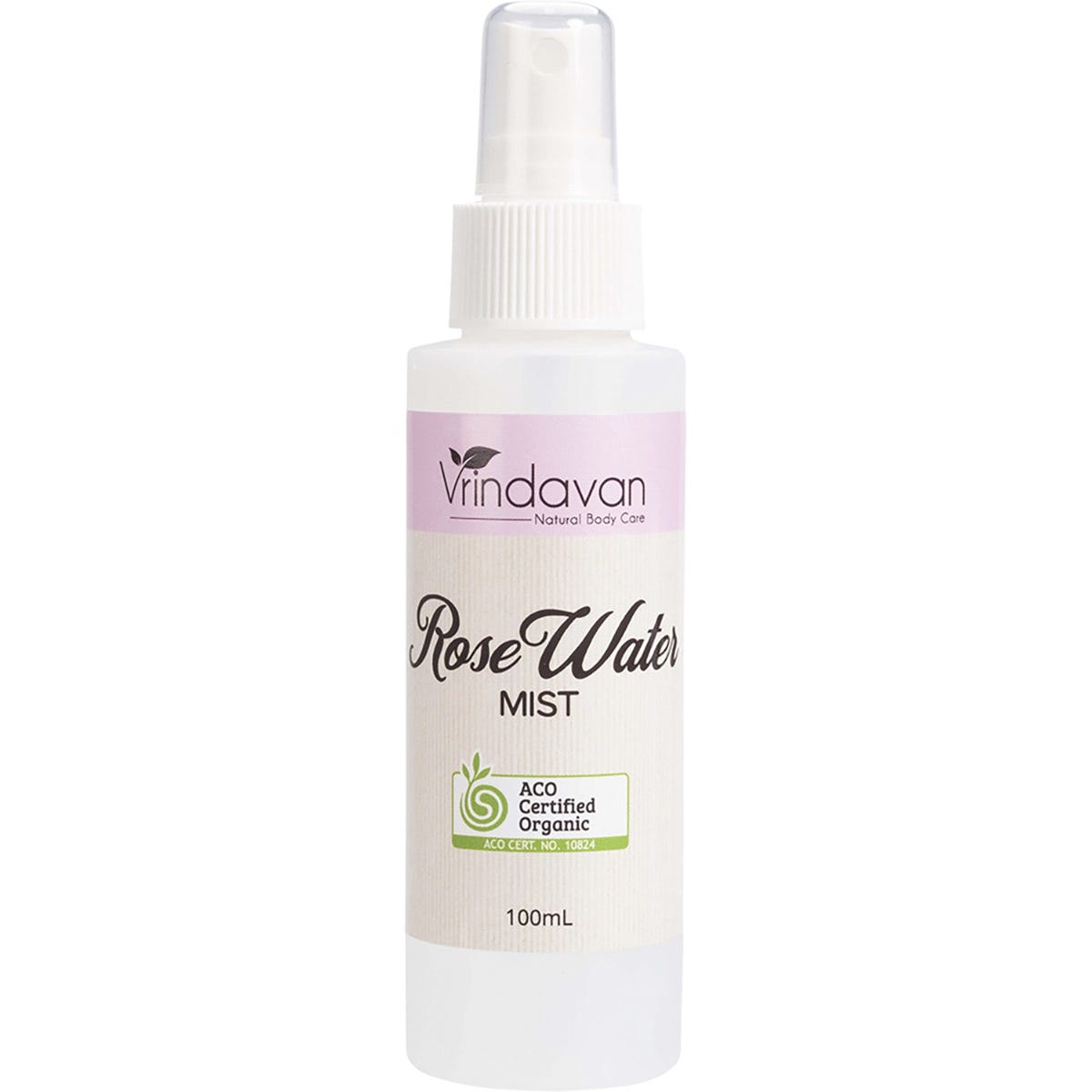 100ml bottle of Vrindavan Rose Water Mist, a certified organic floral hydrosol for refreshing and hydrating skin.