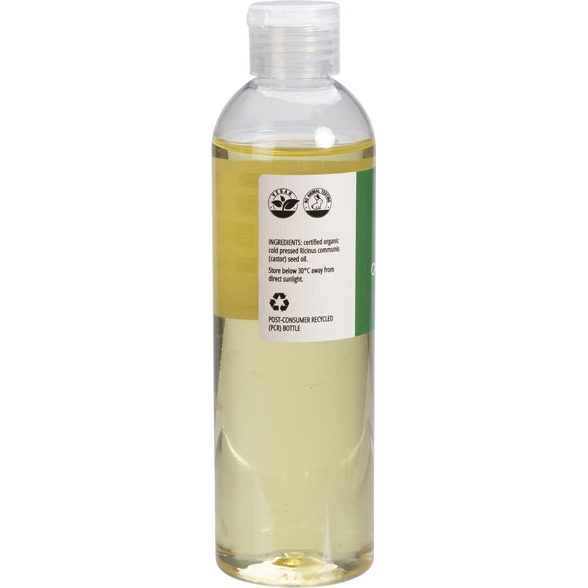 Side view of a 250ml Vrindavan Castor Oil bottle showing organic certification and usage details on a white background.