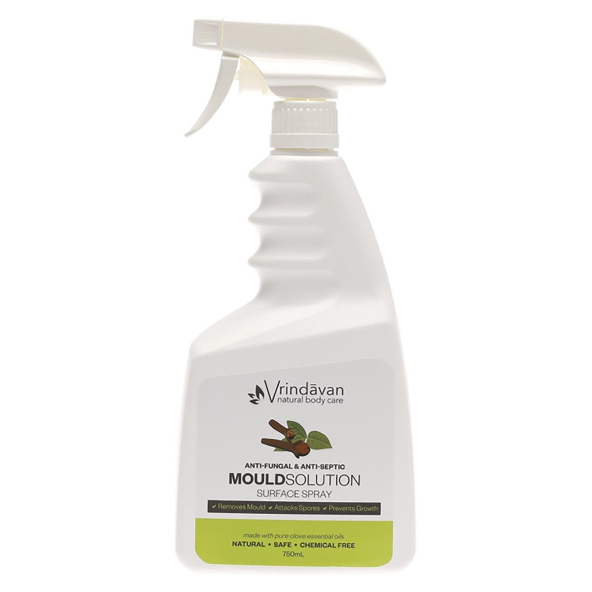 750ml Vrindavan Mould Solution surface spray bottle with a white trigger nozzle and clove oil based formula.