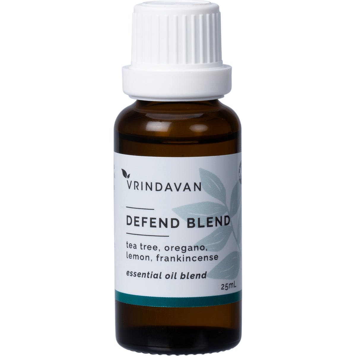 Vrindavan Essential Oil 100% Defend Blend in a 25ml amber glass bottle with a white dropper cap.
