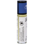 Side view of a 10ml amber glass roll-on bottle of Vrindavan Himalayan Sunset organic perfume oil with a white label.