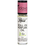 10ml bottle of Vrindavan Majestic Rose Perfume Oil with a roll-on applicator and organic ingredients label.