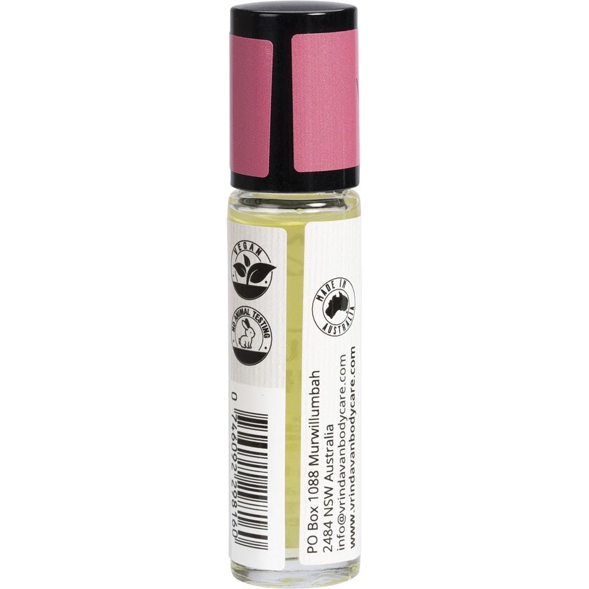 Back of 10ml Vrindavan Majestic Rose Perfume Oil bottle showing organic ingredients and roll-on application instructions.