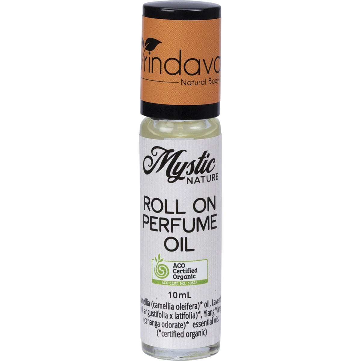 10ml roll-on bottle of Vrindavan Mystic Nature Organic Perfume Oil with a green botanical label on a white background.