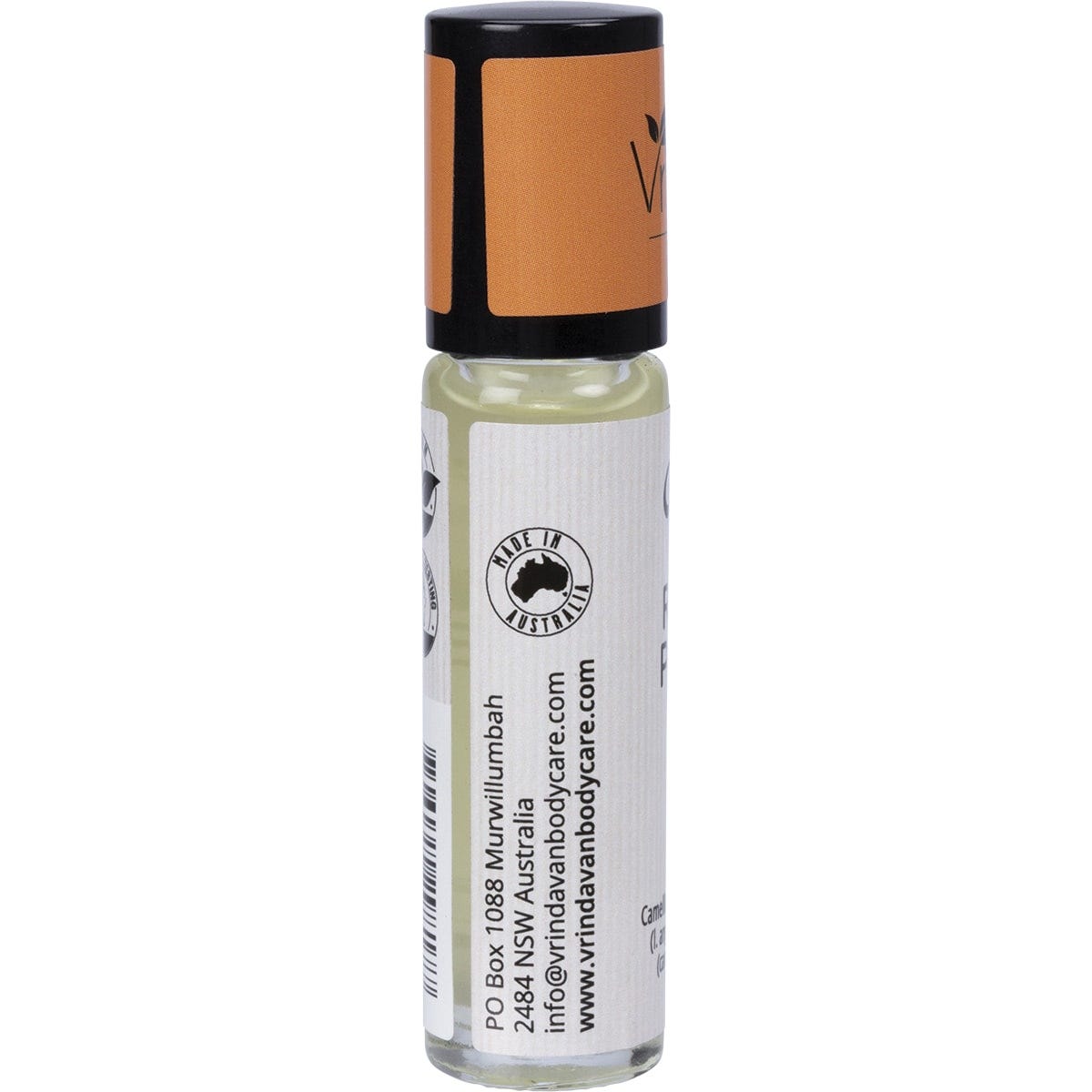 Left side view of a 10ml Vrindavan Mystic Nature Organic Perfume Oil roll-on bottle with a green botanical label.