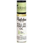 Vrindavan Patchouli Bliss 10ml organic perfume oil in a clear glass roll-on bottle with a black cap.