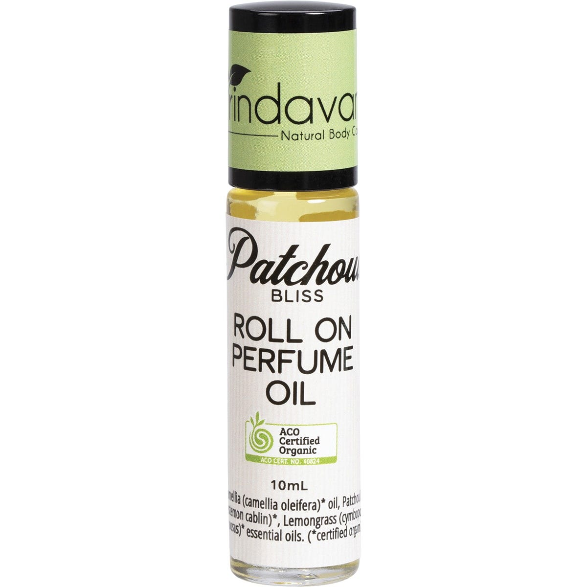 Vrindavan Patchouli Bliss 10ml organic perfume oil in a clear glass roll-on bottle with a black cap.