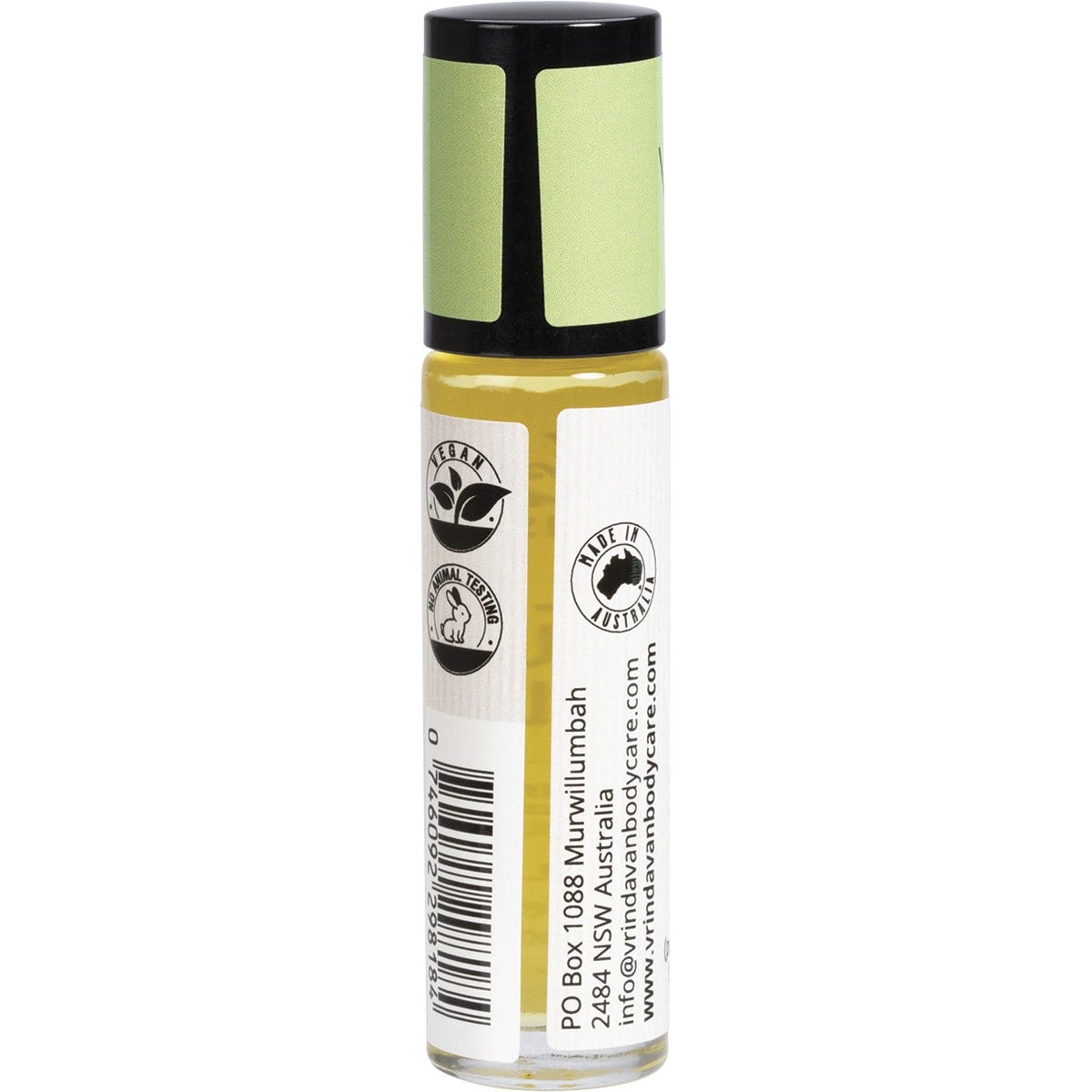 Back of Vrindavan Patchouli Bliss 10ml perfume oil bottle showing organic certification, ingredients, and instructions.