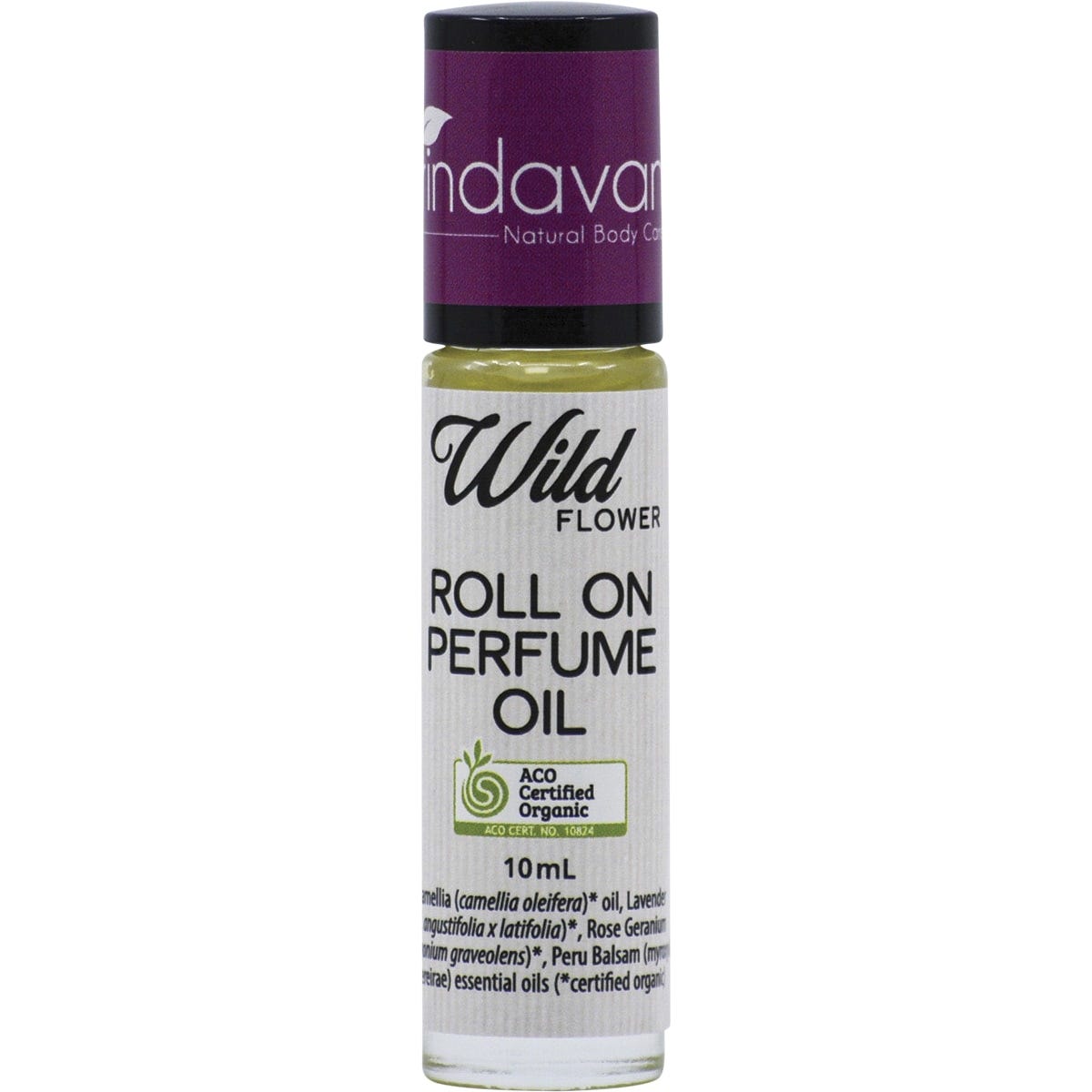 Vrindavan Wildflower organic roll-on perfume oil in a 10ml glass bottle with a white cap and floral label.