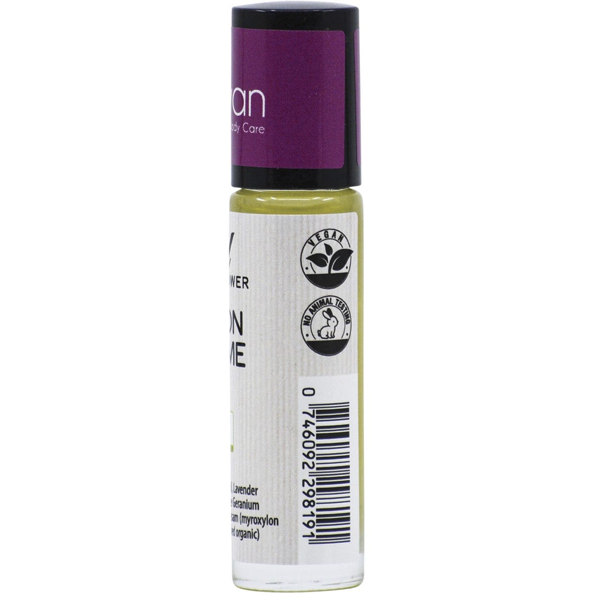 Right side of Vrindavan Wildflower 10ml perfume oil bottle showing directions for use and a barcode.