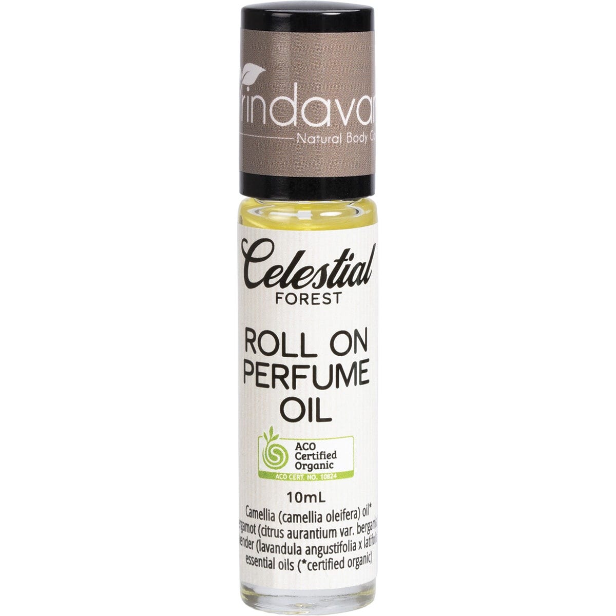 10ml bottle of Vrindavan Celestial Forest Perfume Oil with a roll-on applicator and a green botanical label.