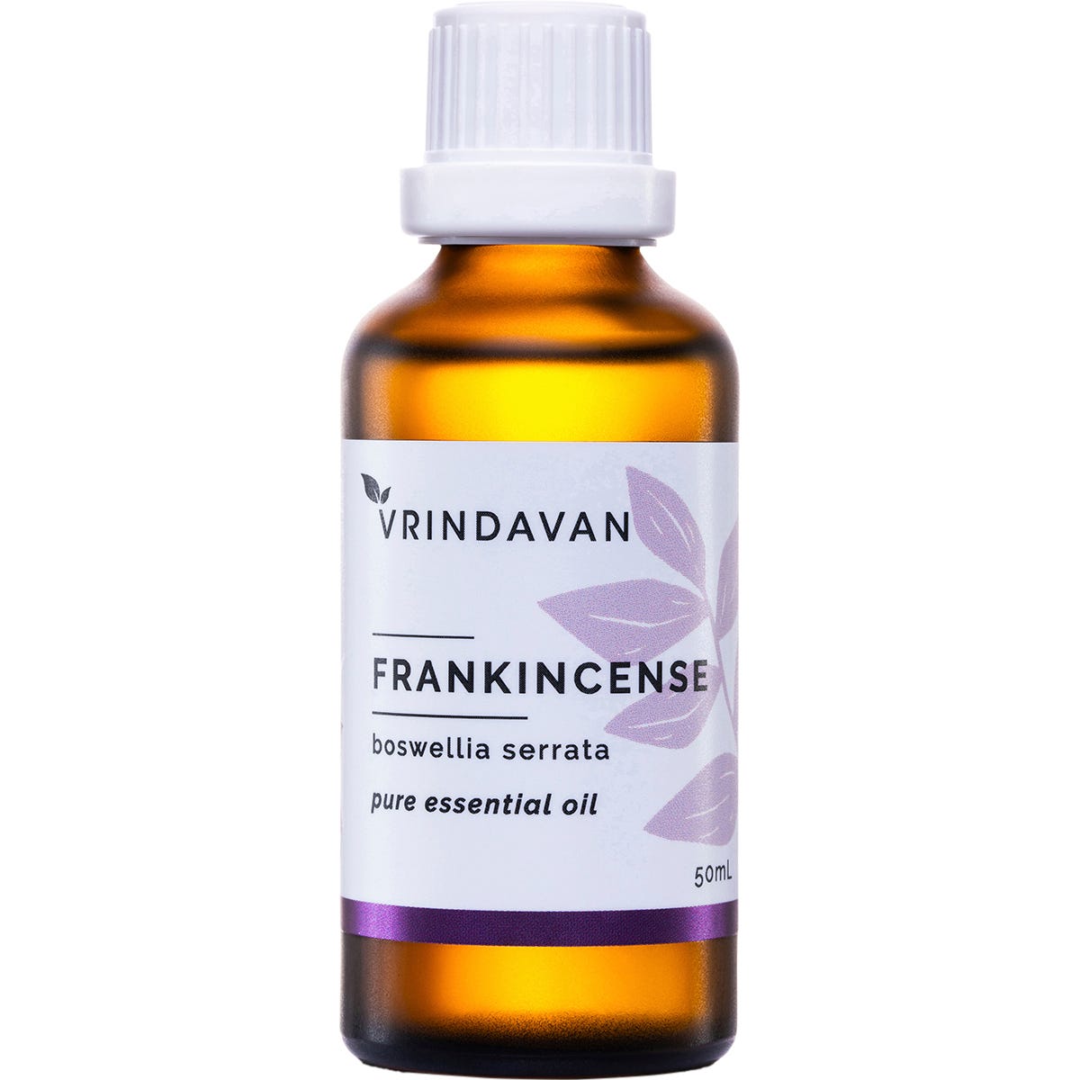 Vrindavan 50ml Frankincense Essential Oil in an amber glass bottle with a black dropper cap and white label.