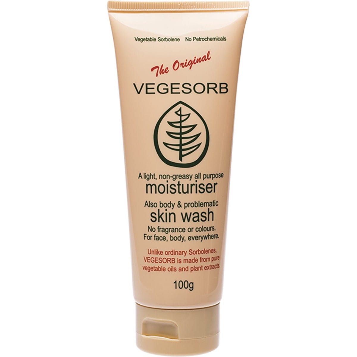 100g tube of Vegesorb Sorbolene Alternative, a plant-based non-greasy moisturiser with almond and apricot kernel oil.