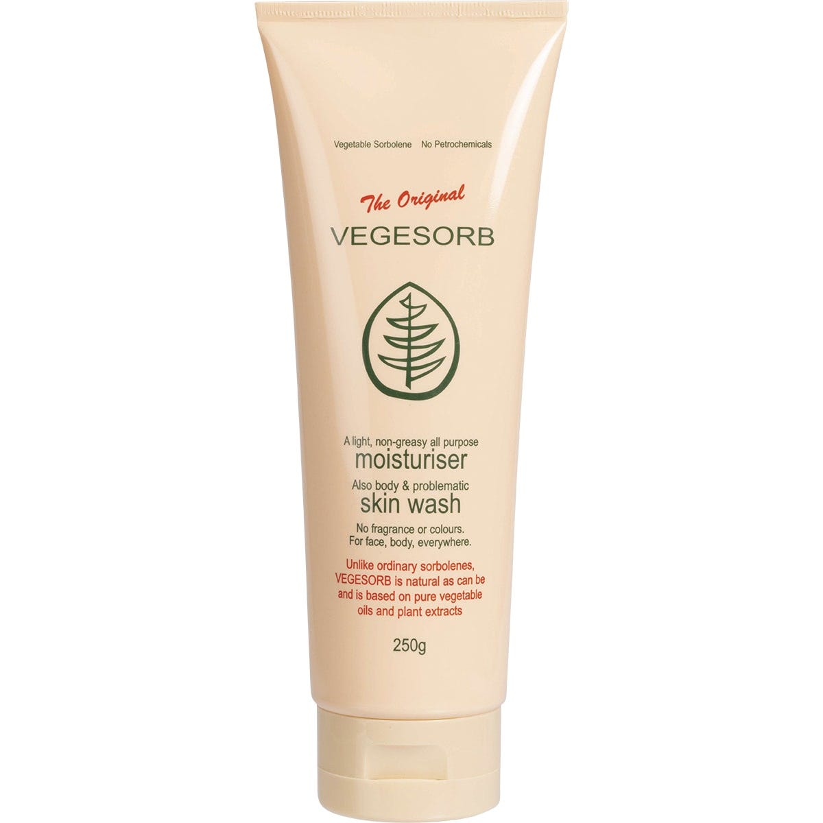 250g tube of Vegesorb Sorbolene Alternative, a plant-based non-greasy moisturiser for sensitive skin.