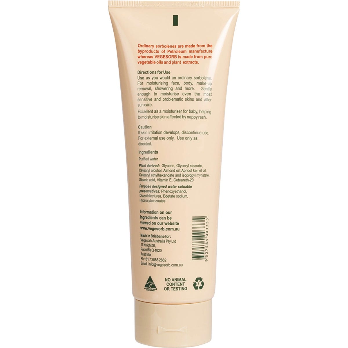 Back of 250g Vegesorb tube with directions, ingredients, and plant-based benefits for sensitive skin.