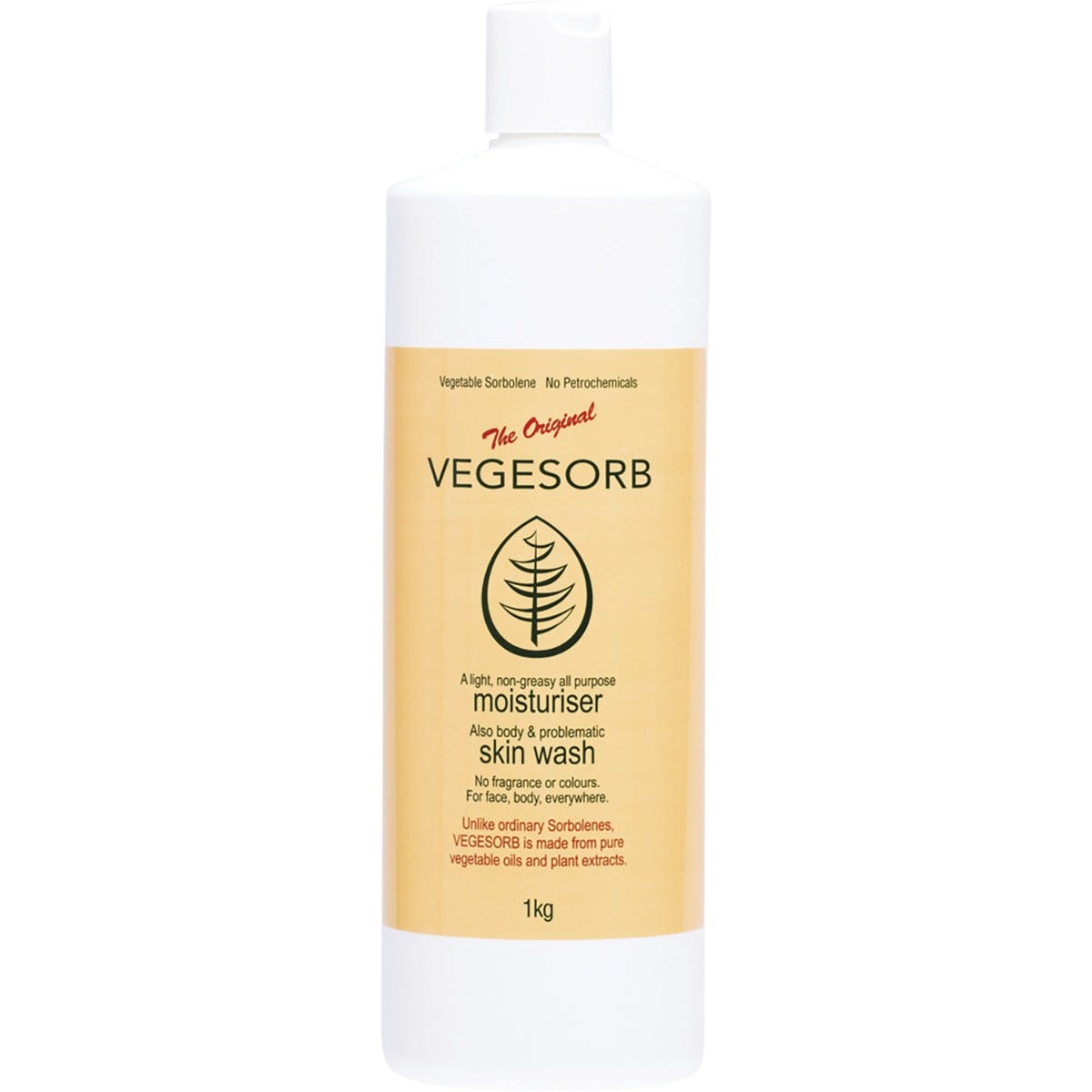 1kg white squeeze bottle of Vegesorb Sorbolene Alternative with a blue flip-top lid and plant-based ingredients.