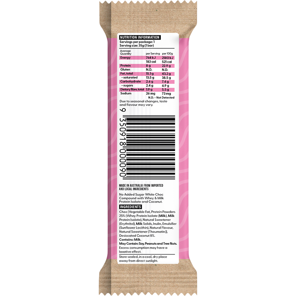 Back of a Vitawerx Coconut Rough White Choc Bar wrapper with nutrition facts, ingredients, and keto-friendly features.
